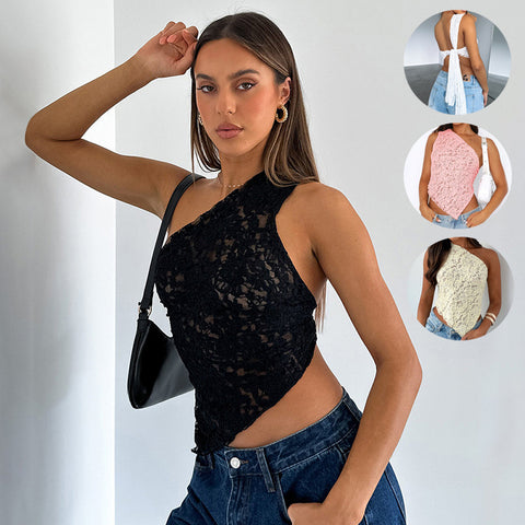 Lace Backless Asymmetrical Top with Sloped Neckline in Solid Color – Summer Waistless Streetwear Vest for Women